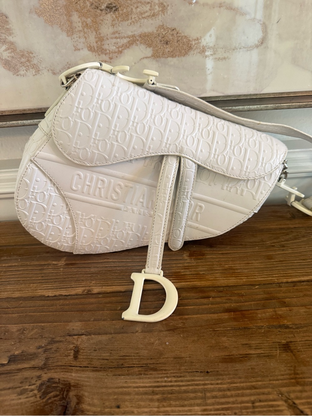 Dior White Embossed Saddle Shoulder Bag